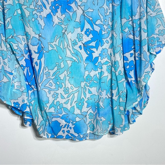 Jennifer Lopez Blouse Women's L Blue Floral Semi Sheer Kimono Sleeves Flowy Top - Picture 3 of 12